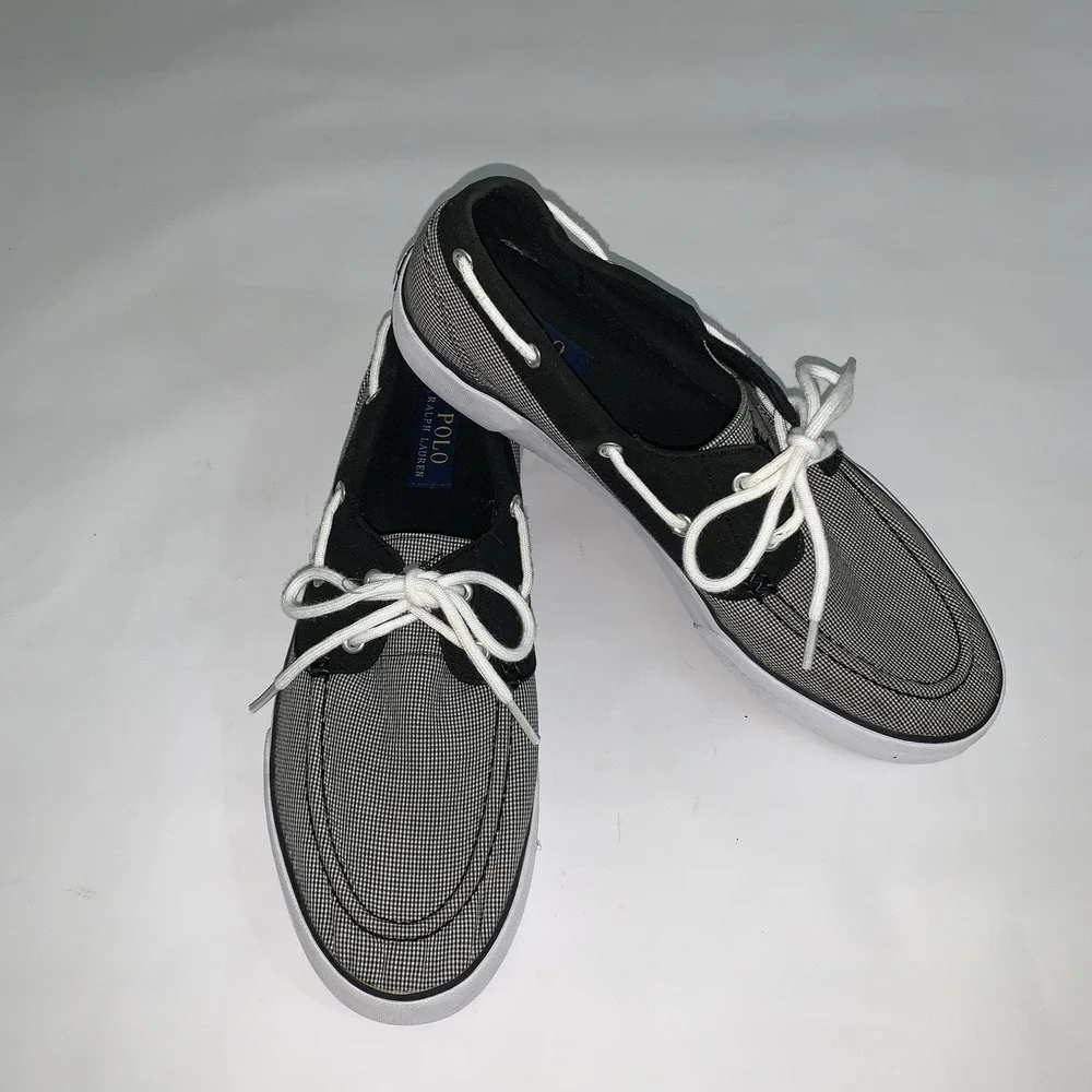 Polo Ralph Lauren Lander Boat Shoes Mens Size 12 Black Gingham Canvas Casual